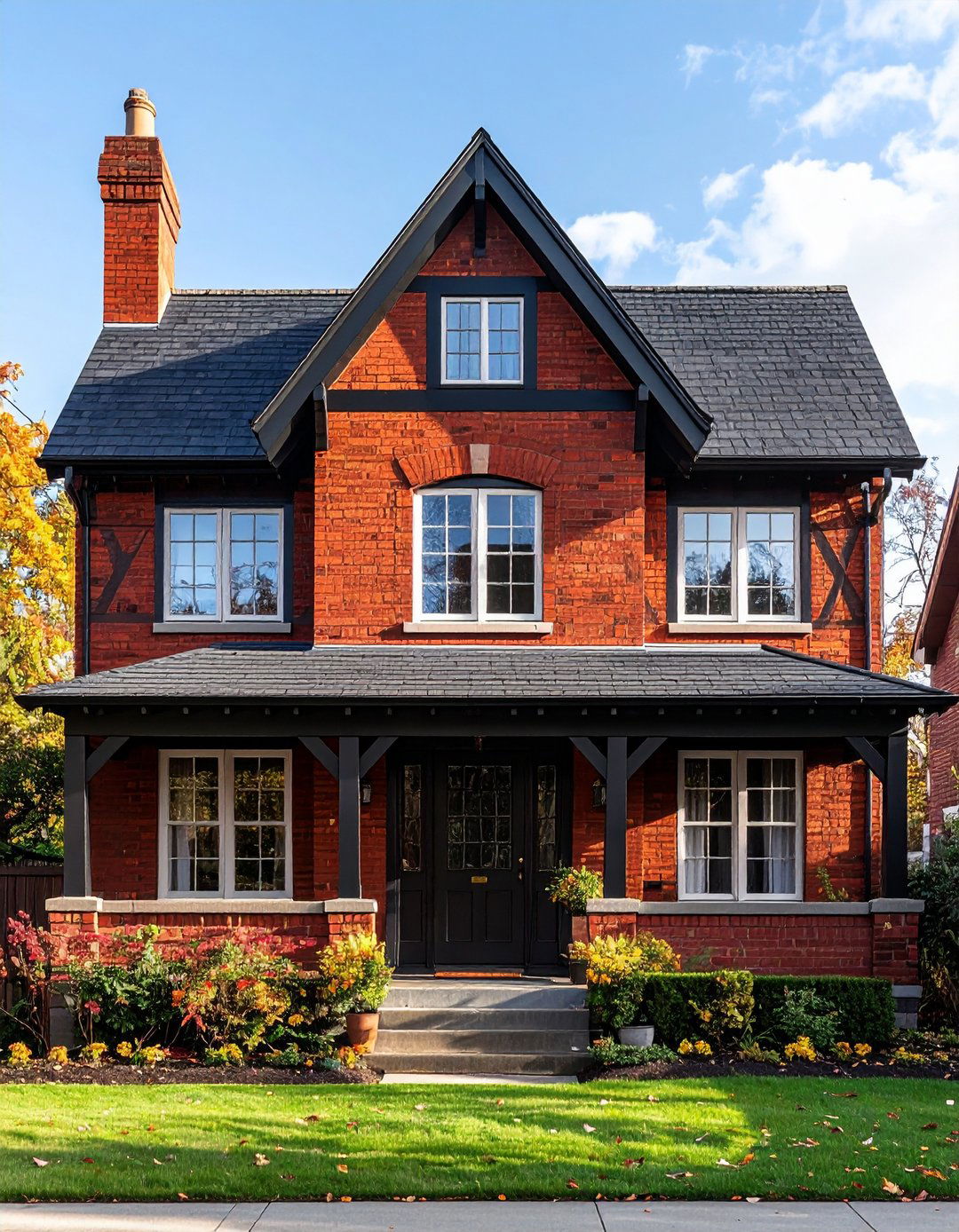 Tudor Style Red Brick House with Black Half Timber Trim - 20 Red Brick House with Black Trim Design Ideas