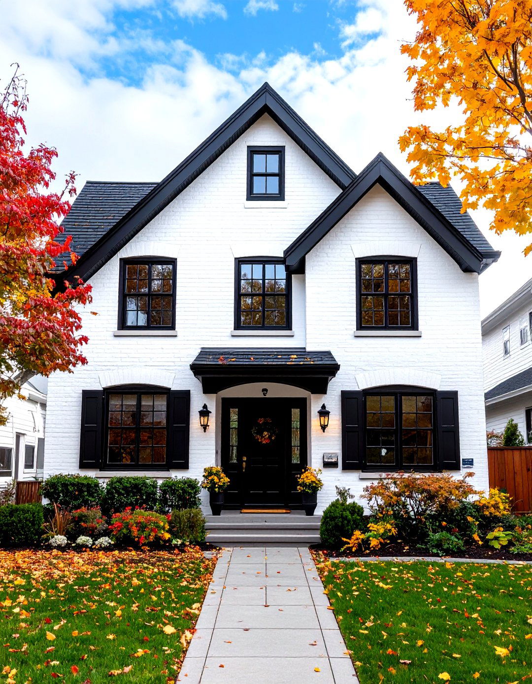 Tudor Style White Brick House With Black Trim and Steep Rooflines - 20 White Brick House With Black Trim