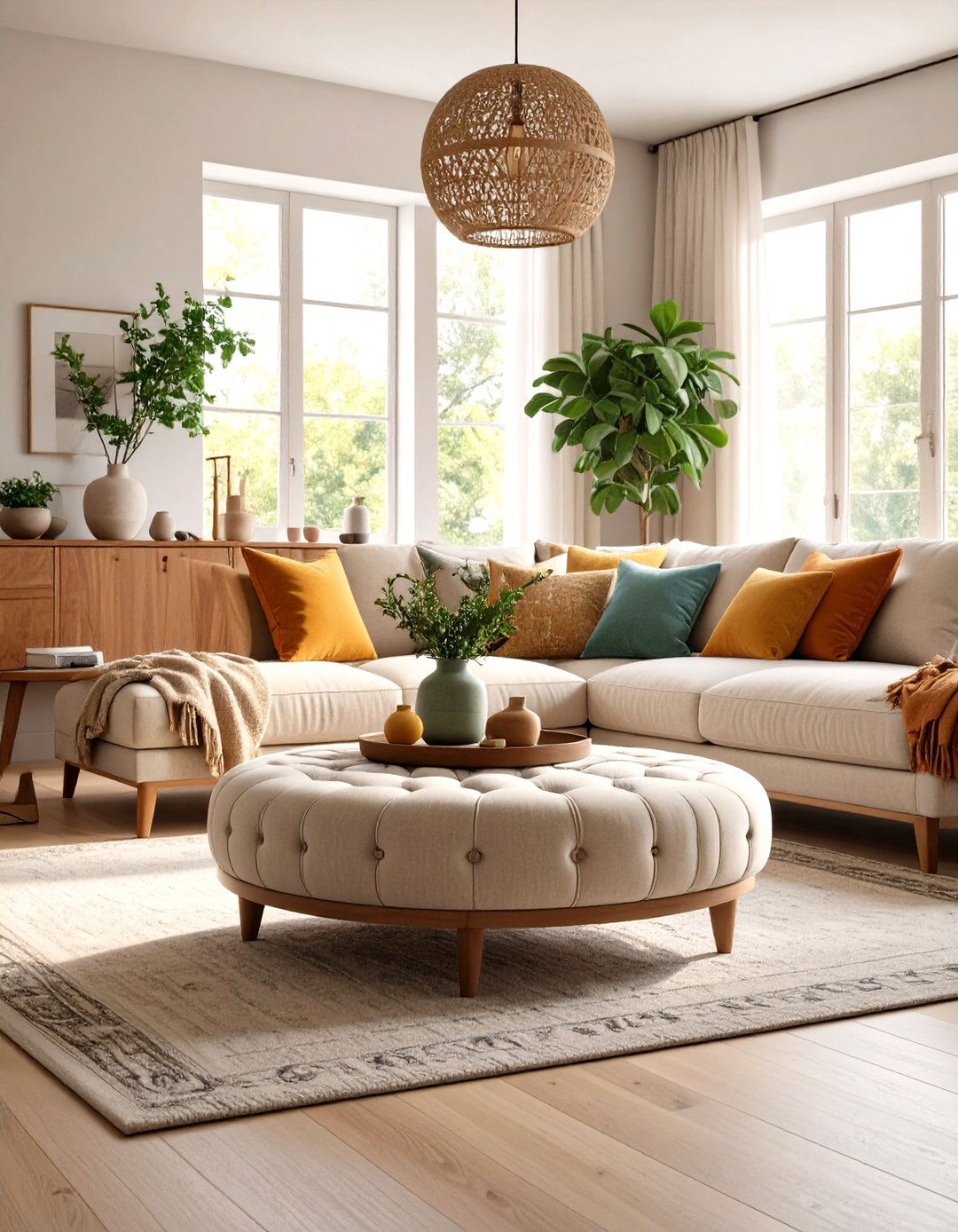 Tufted Ottoman Versatility in Transitional Living Room Design - 20 Transitional Living Room Ideas