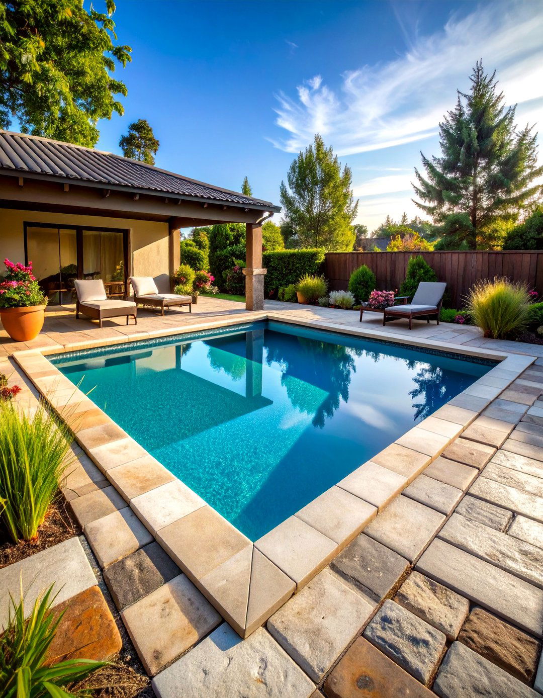 Tumbled Concrete Pavers Pool Deck Design - 20 Concrete Pavers Around Pool Ideas