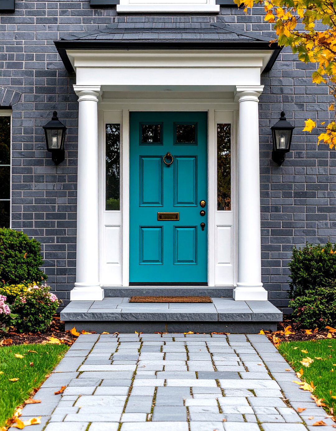 Turquoise Front Door with White Trim on Grey Brick Home - 20 Grey House With Blue Door Ideas