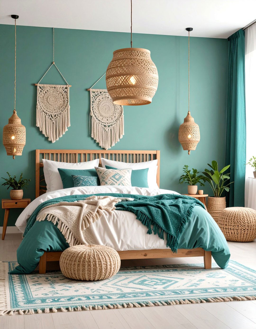 Turquoise and Jade Green Bedroom with Bohemian Accents - 20 blue and green bedroom ideas