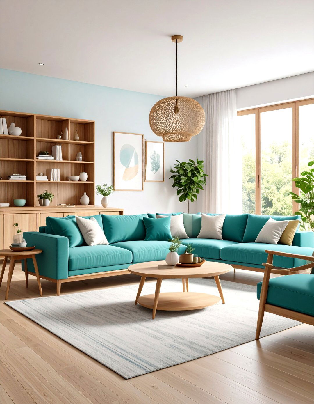 Turquoise and Natural Wood Pairing - 20 Turquoise Living Room Ideas