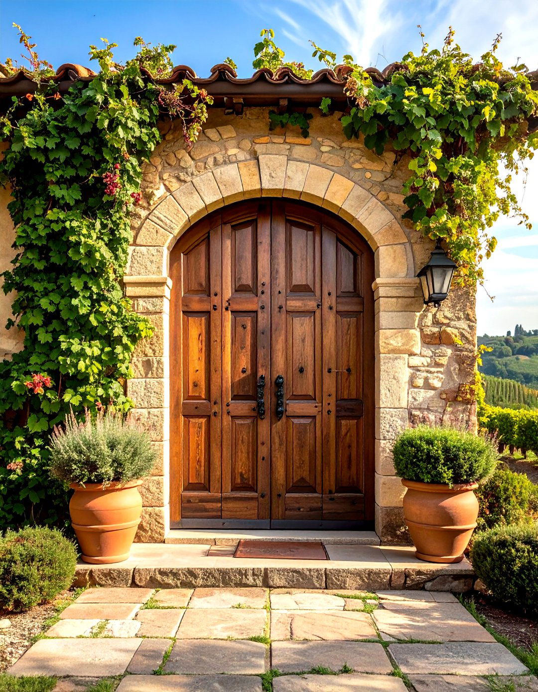 Tuscan Farmhouse Mediterranean Front Door with Stone Surround - 20 Mediterranean Front Door Ideas