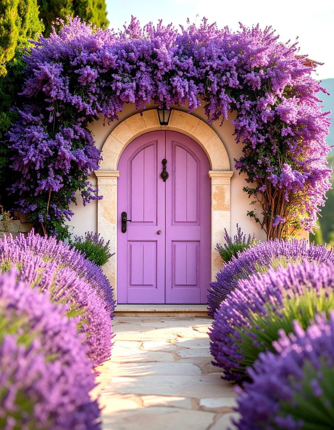 Tuscan Villa Lavender Front Door with Aged Patina Elements - 20 Lavender Front Door Ideas