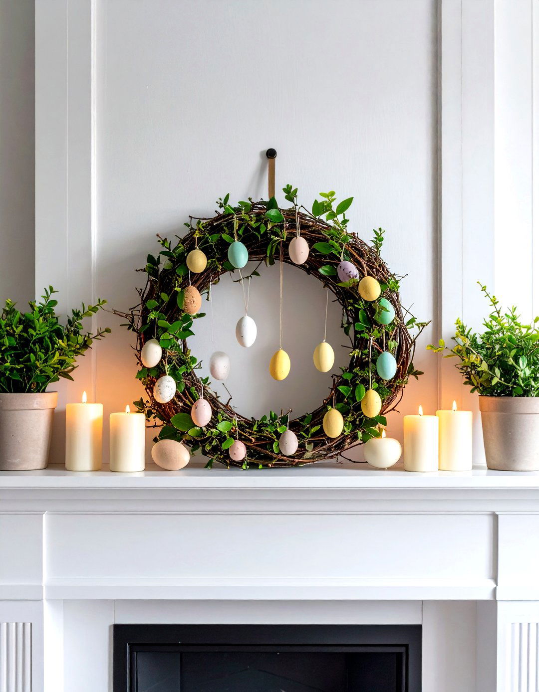 Twig Wreath with Hanging Eggs - 20 Spring Mantel Decor Ideas