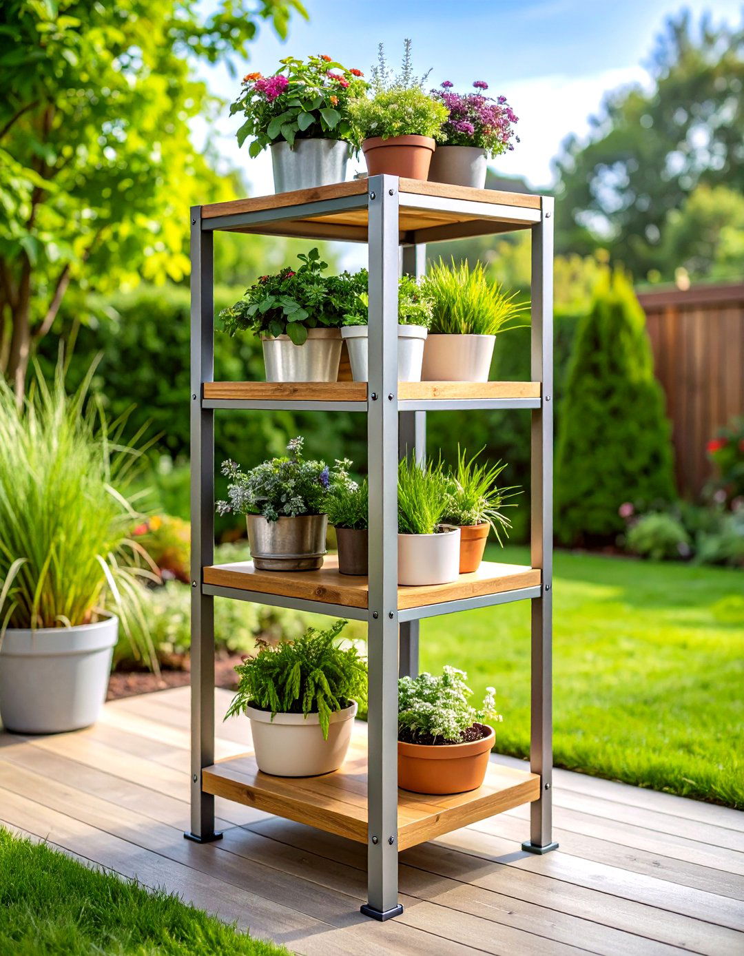 Two Tier Outdoor Plant Stand with Contrasting Materials - 20 Outdoor Plant Stand Ideas