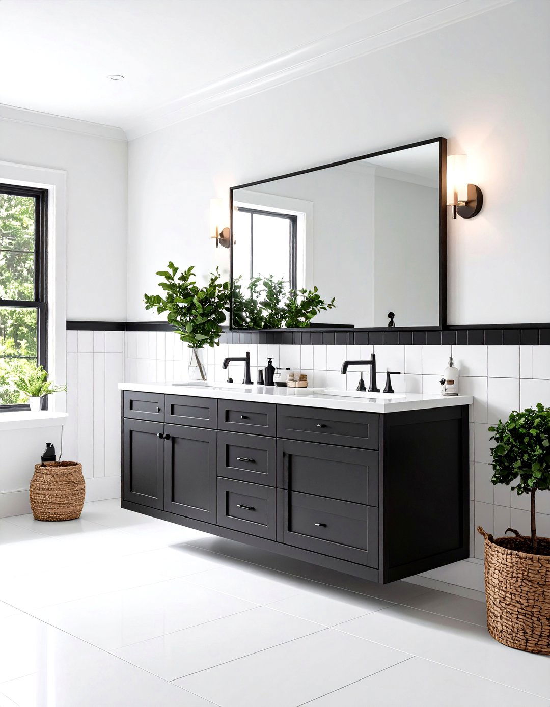 Two Tone Black Tile Bathroom Wainscot - 20 Black Tile Bathroom Ideas