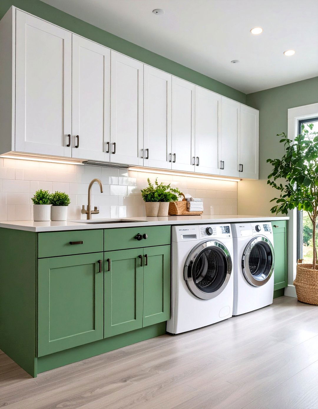 Two Tone Cabinets - 20 Sage Green Laundry Room Ideas