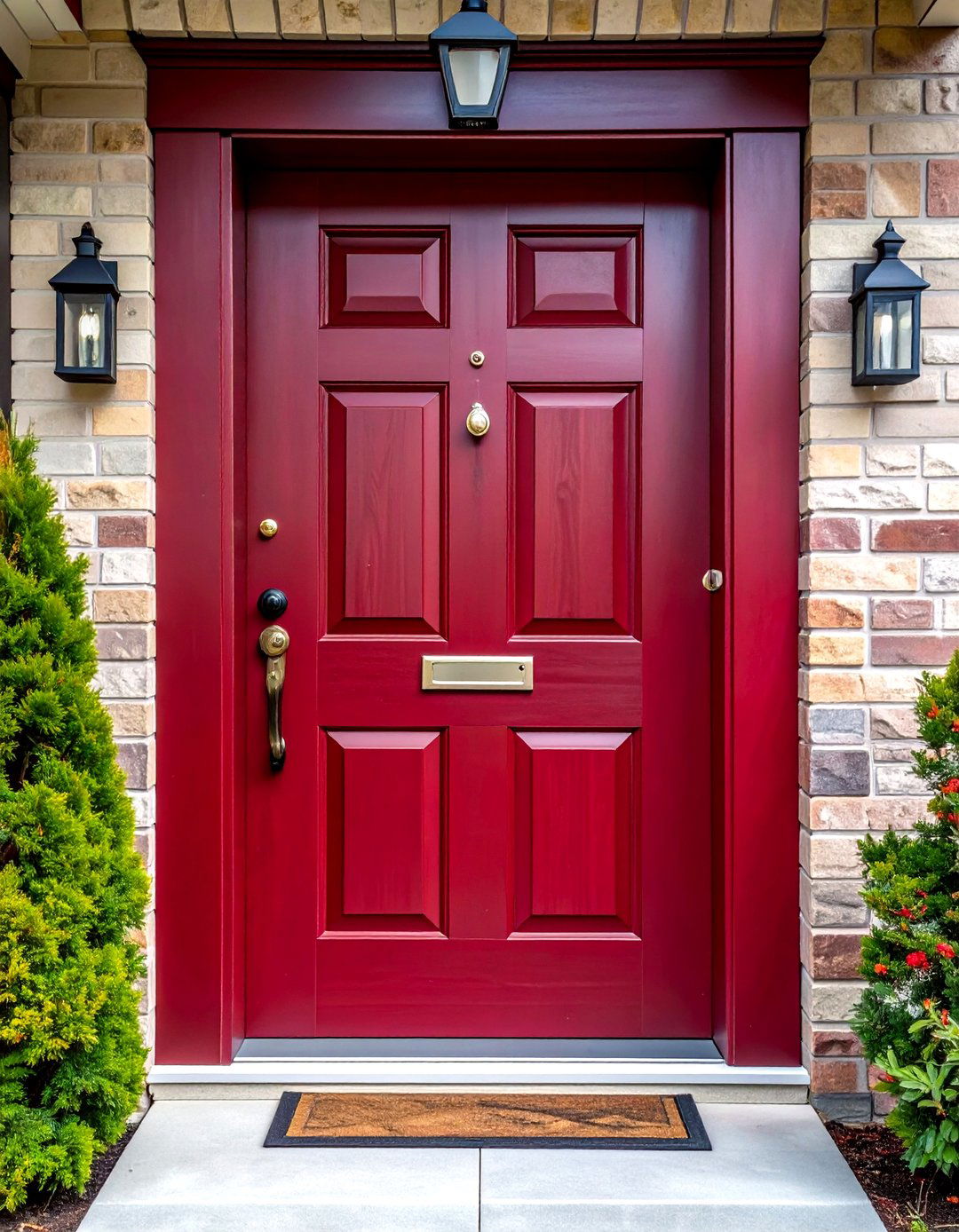 Two Tone Dark Red Front Door with Raised Panels - 20 Dark Red Front Door Ideas