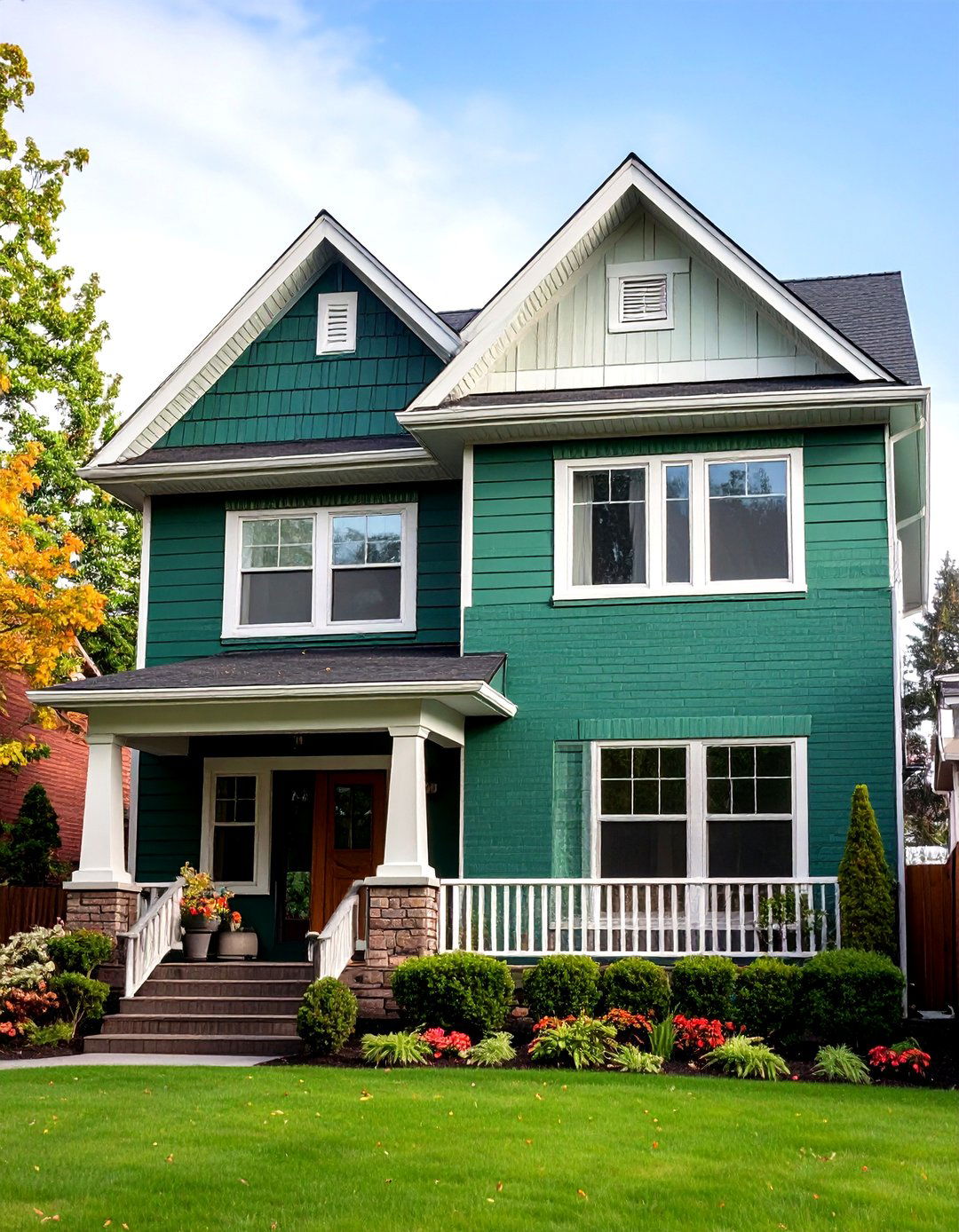 Two Tone Green Brick Exterior Color Blocking - 20 Green Brick Exterior Home Ideas
