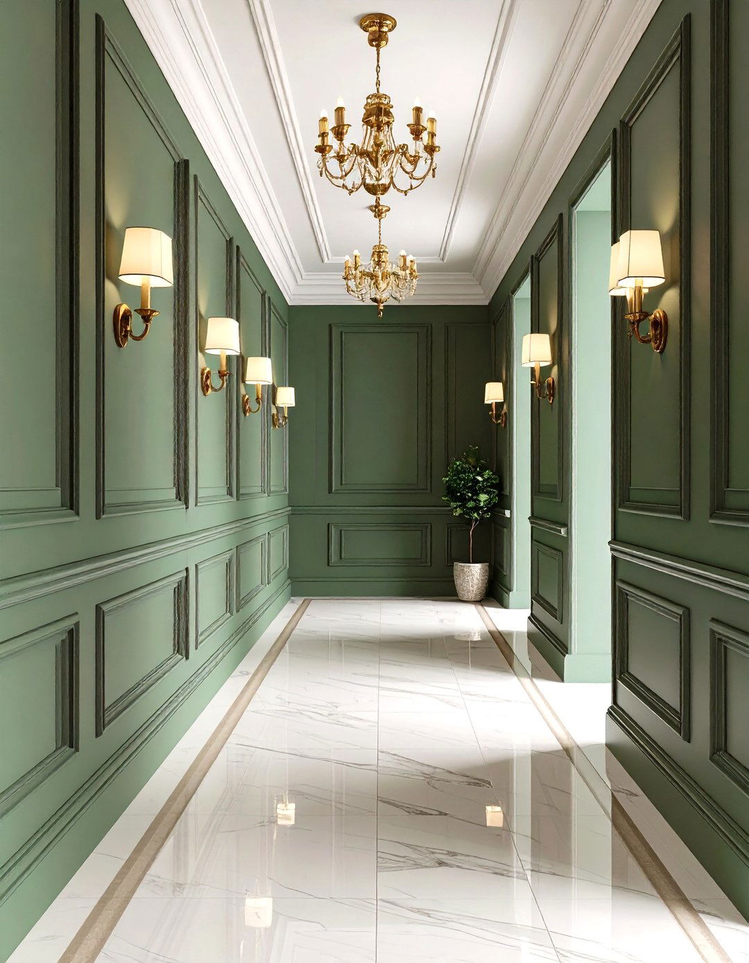 Two Tone Green Hallway with Wainscoting - 20 Green Hallway Ideas
