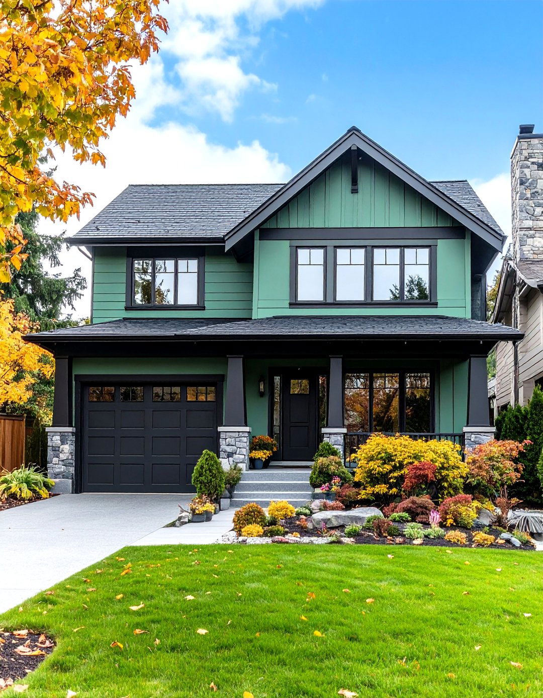 Two Tone Green Layers With Bold Black Delineation - 20 Green House Exterior With Black Trim