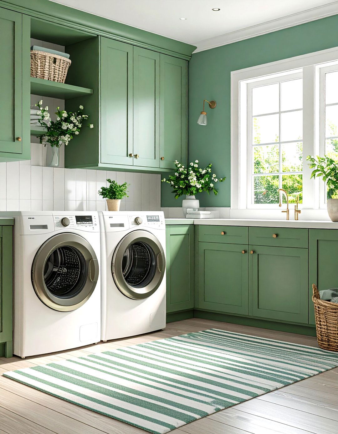 Two Tone Green and White Scheme Feels Airy - 20 Green Laundry Room Ideas