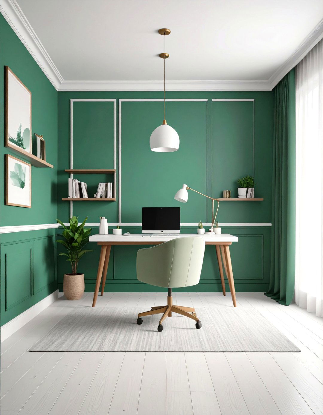 Two Tone Green and White Walls Add Height - 20 Dark Green Home Office Ideas