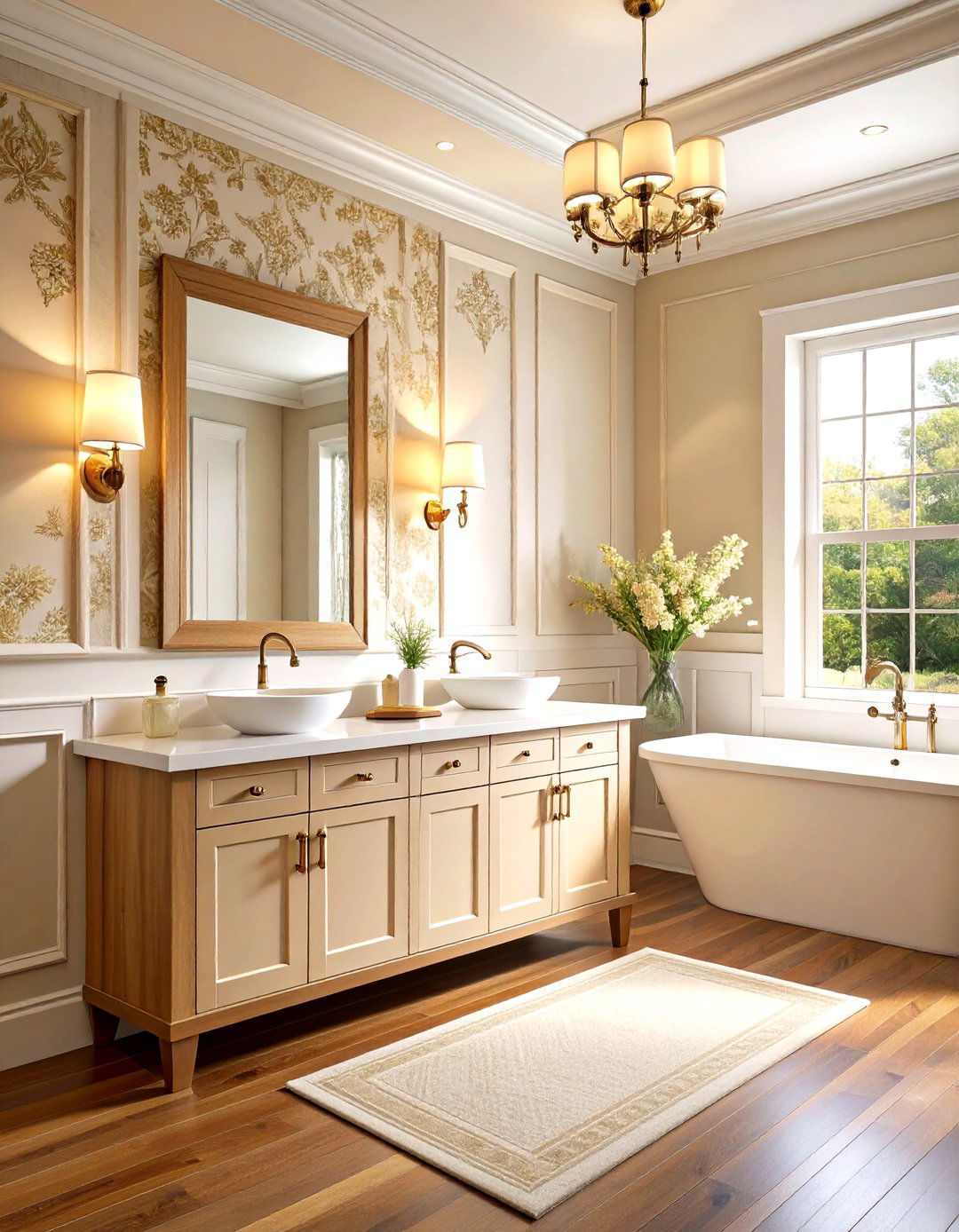 Two Tone Half Wall Paneling with Wallpaper Above - 20 Half Wall Paneling Ideas