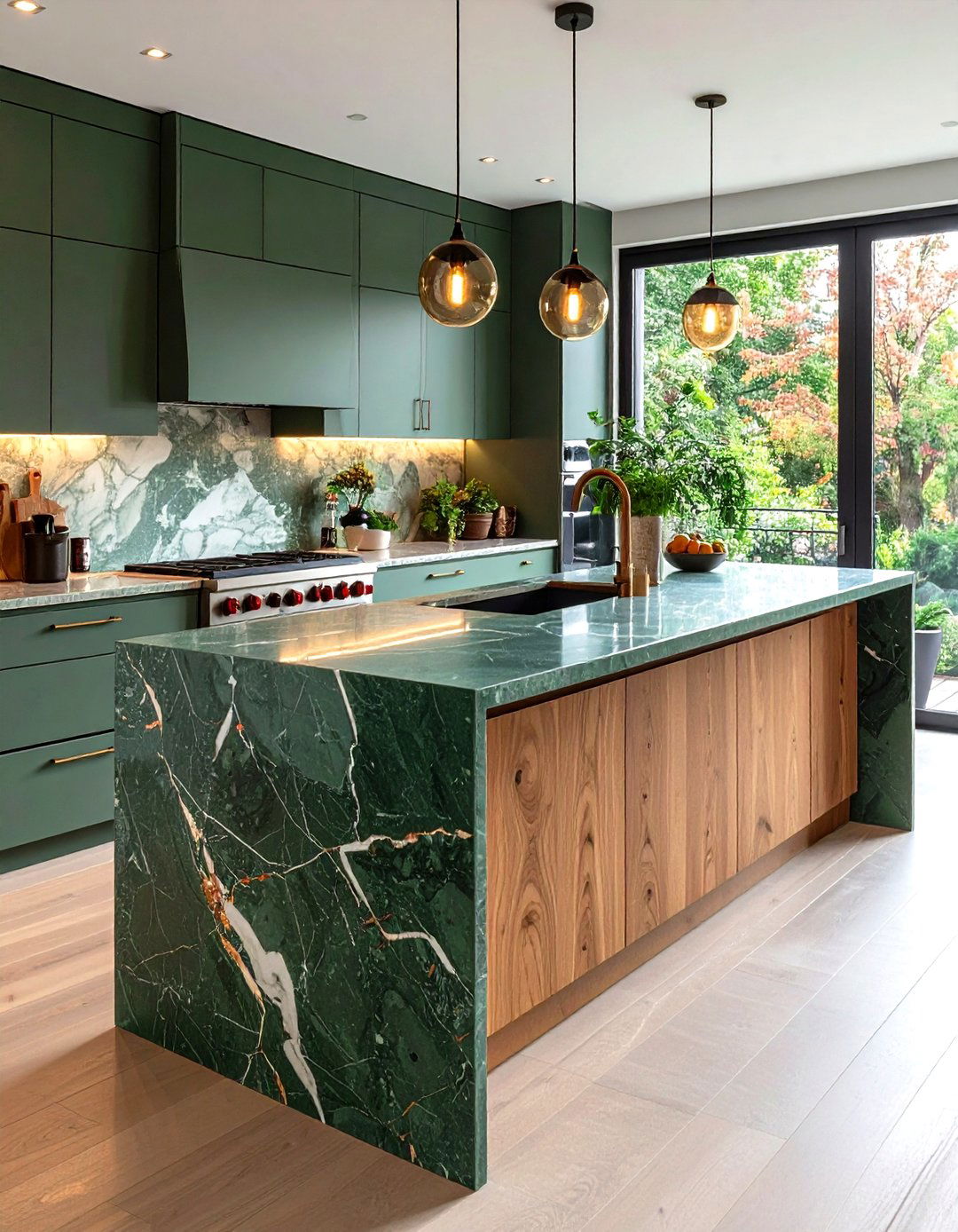 Two Tone Island Top for Visual Zoning - 20 Green Marble Countertop Design Ideas