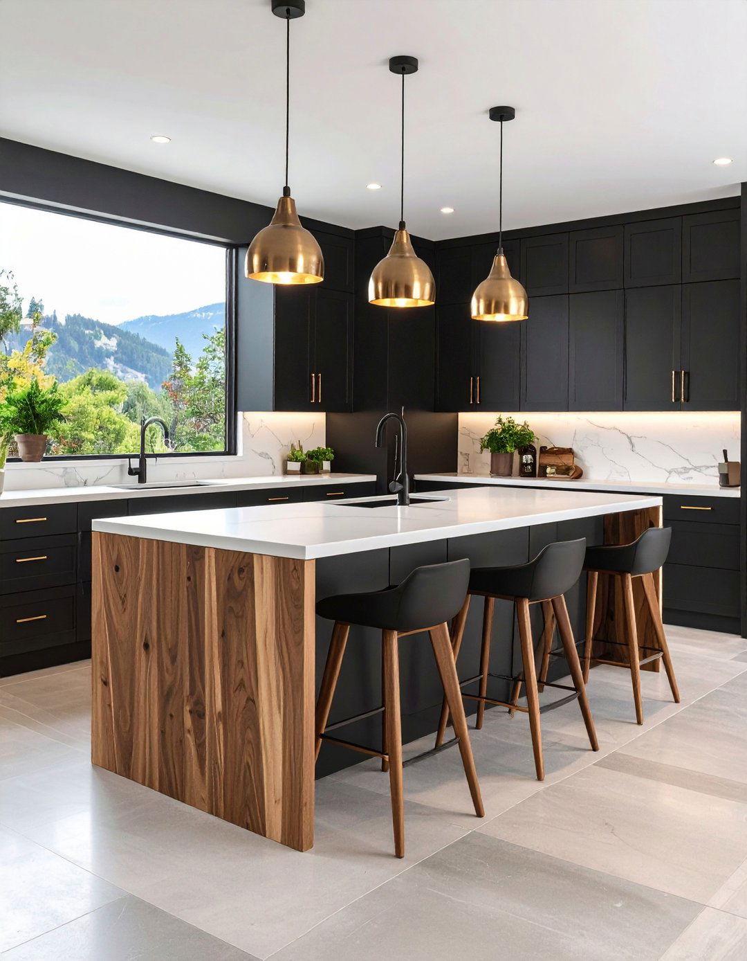 Two Tone Islands Complementing Black Kitchen Cabinets - 20 Black Kitchen Cabinets With White Countertops