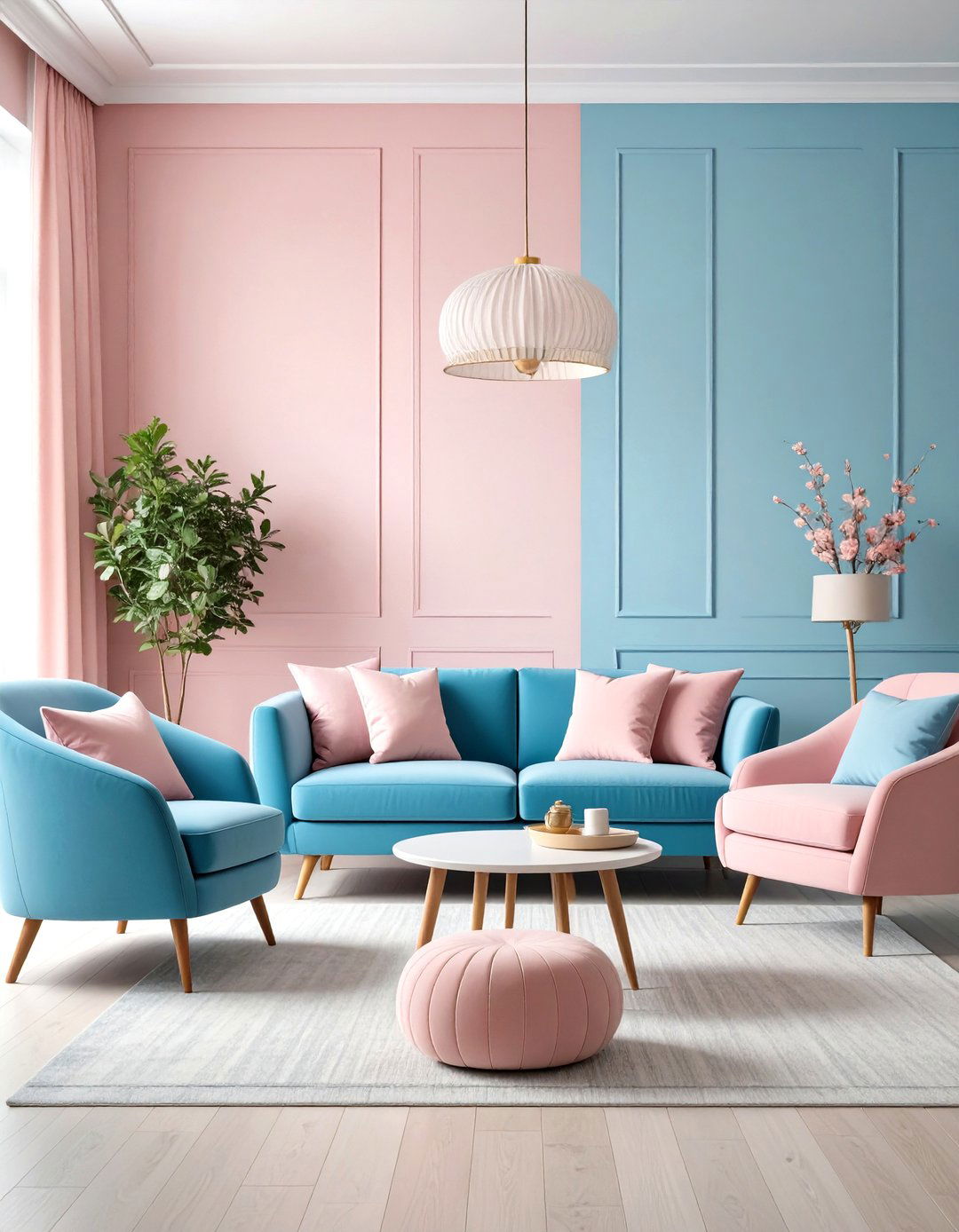 Two Tone Painted Walls - 20 Pink and Blue Living Room Ideas