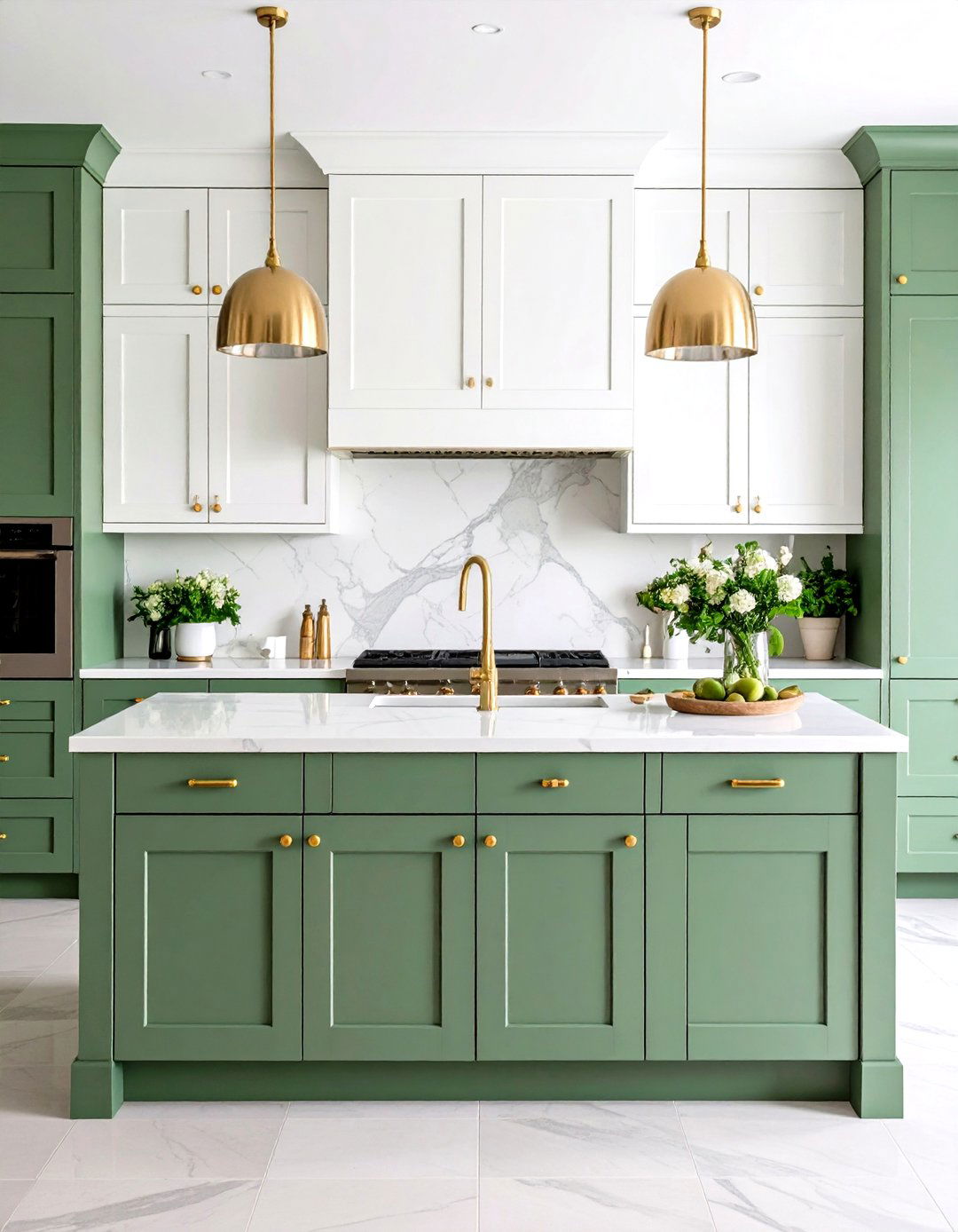 Two Tone Sage Green Kitchen with White Upper Cabinets and Gold Accents - 20 Sage Green Kitchen Ideas