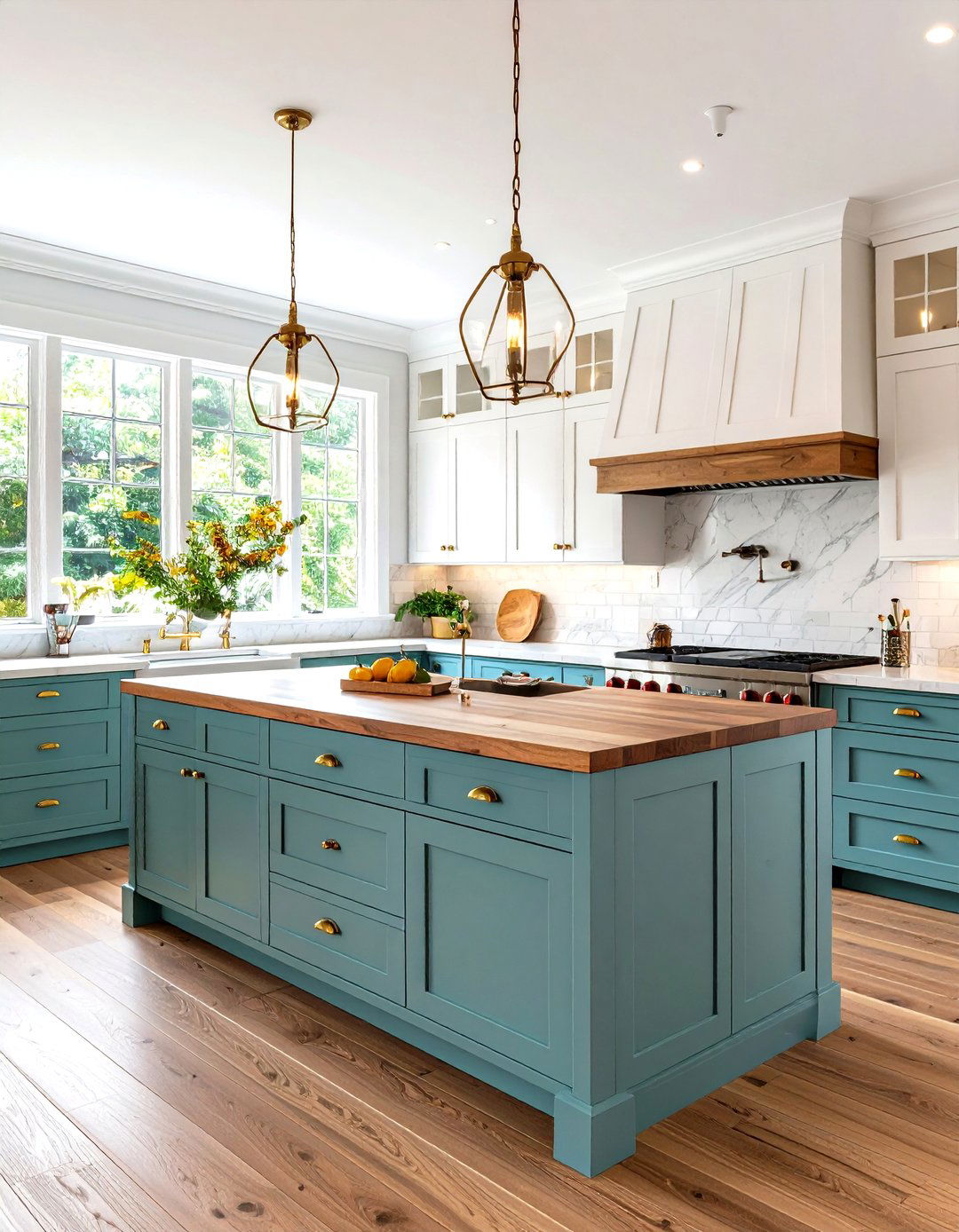 Two Tone Sage Green and White Cabinets with Cherry Butcher Block Traditional Kitchen - 20 Sage Green Kitchen Cabinets With Butcher Block Countertops