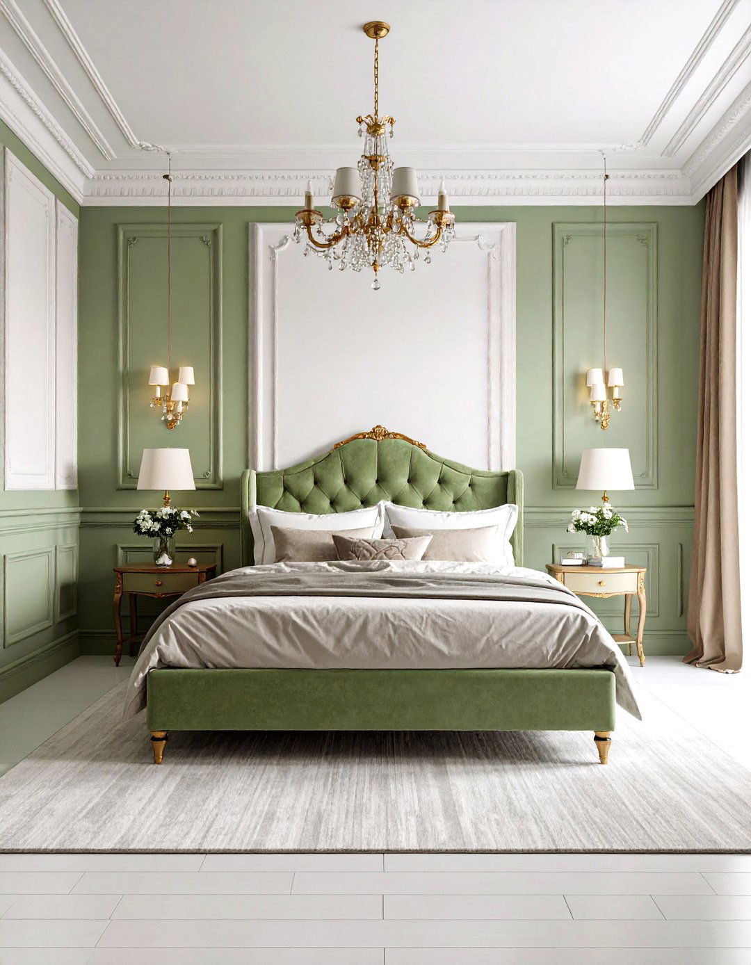 Two Tone Sage and White Heritage Look - 20 Green Panelling Bedroom Ideas