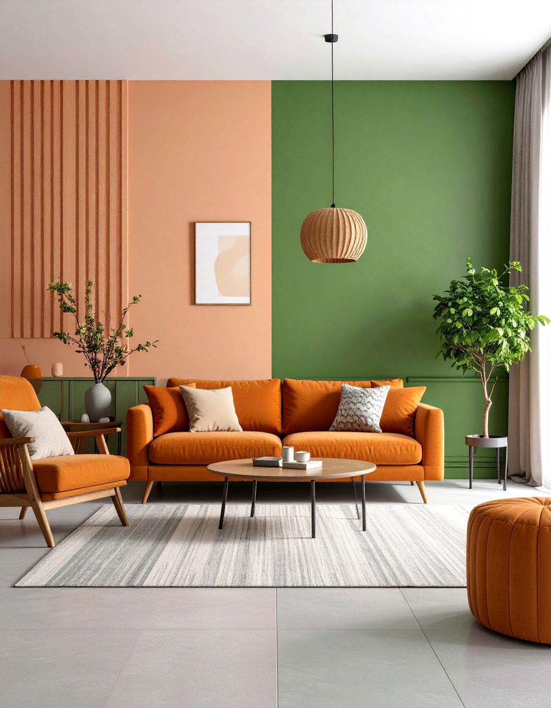 Two Tone Split Wall Technique for a Green and Orange Living Room - 20 Green and Orange Living Room Ideas