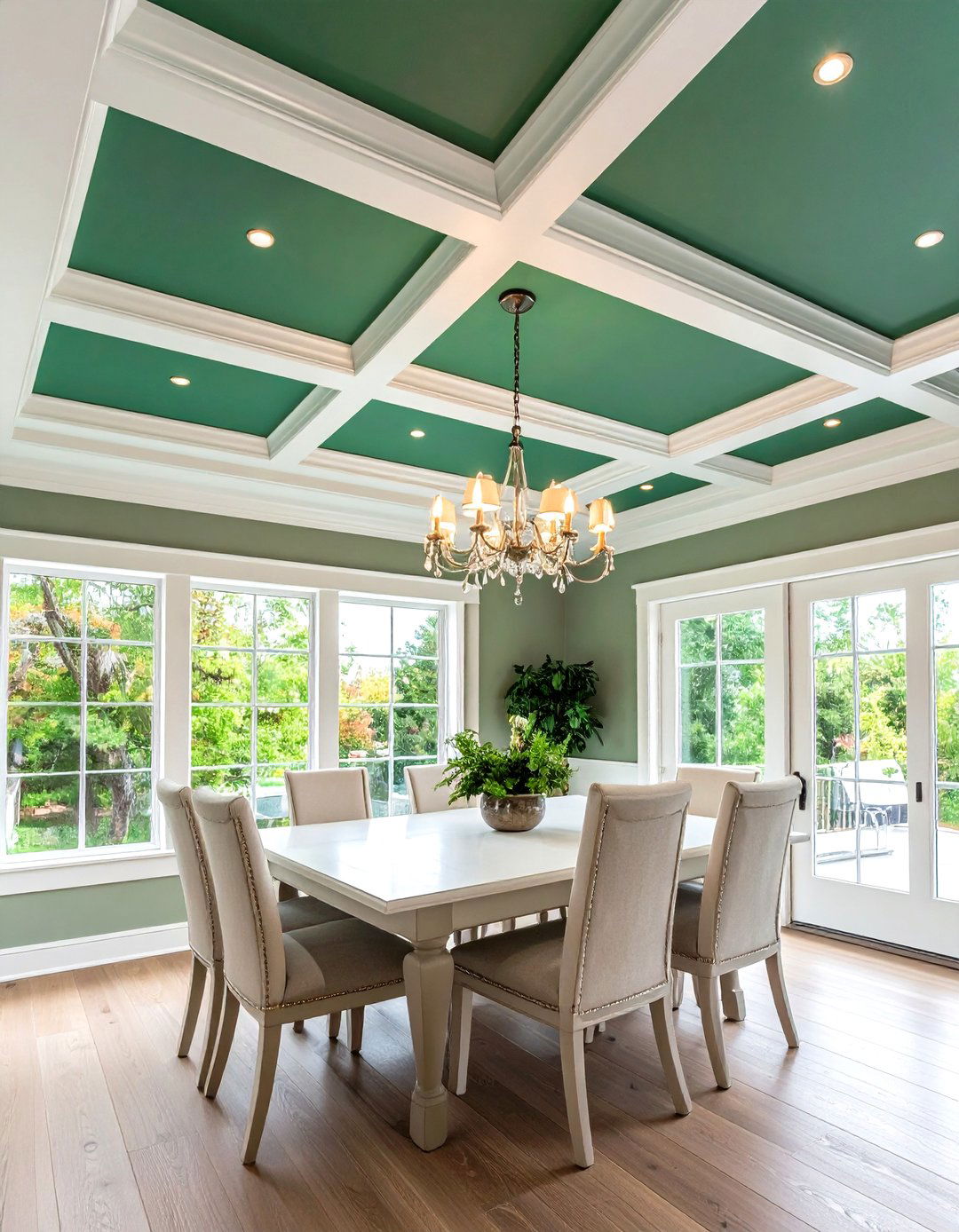 Two Tone Tray Ceiling Contrasts Deep Green with Crisp White - 20 Green Ceiling Ideas