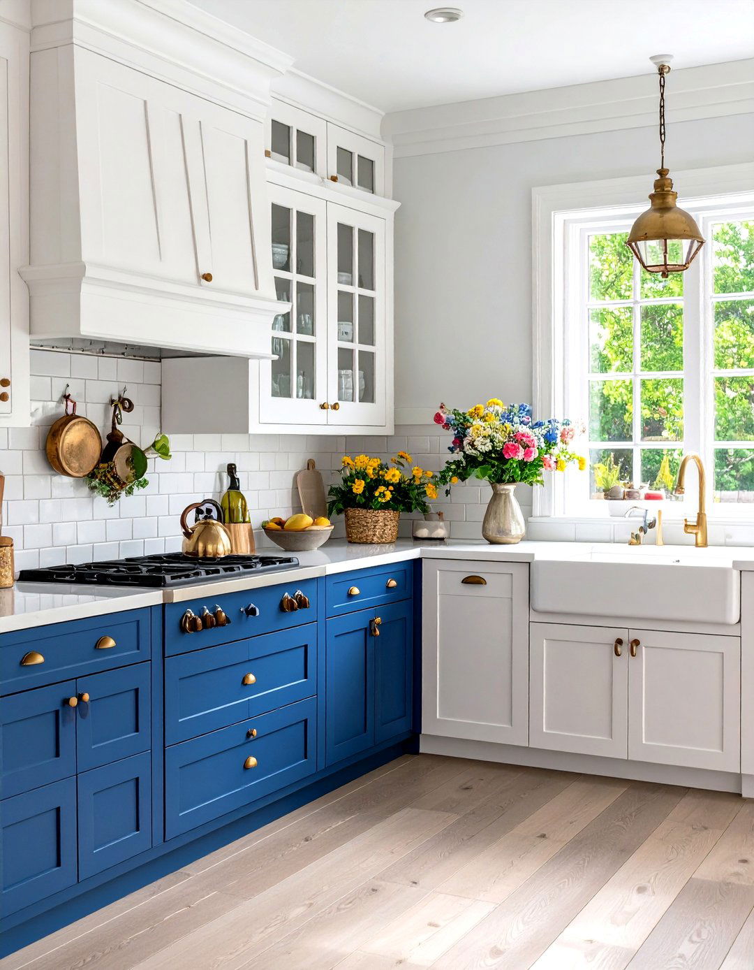 Two Tone White Farmhouse Kitchen with Navy Blue Lower Cabinets - 20 White Farmhouse Kitchen Ideas