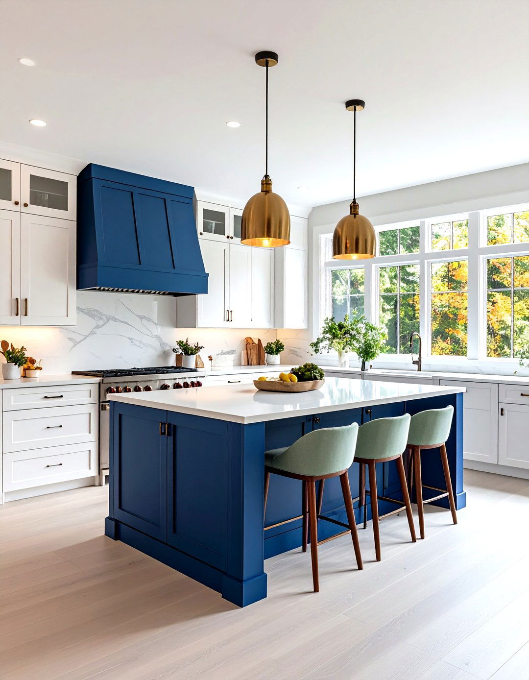Two Tone White Kitchen with Colorful Island Contrast - 20 White Kitchen Ideas