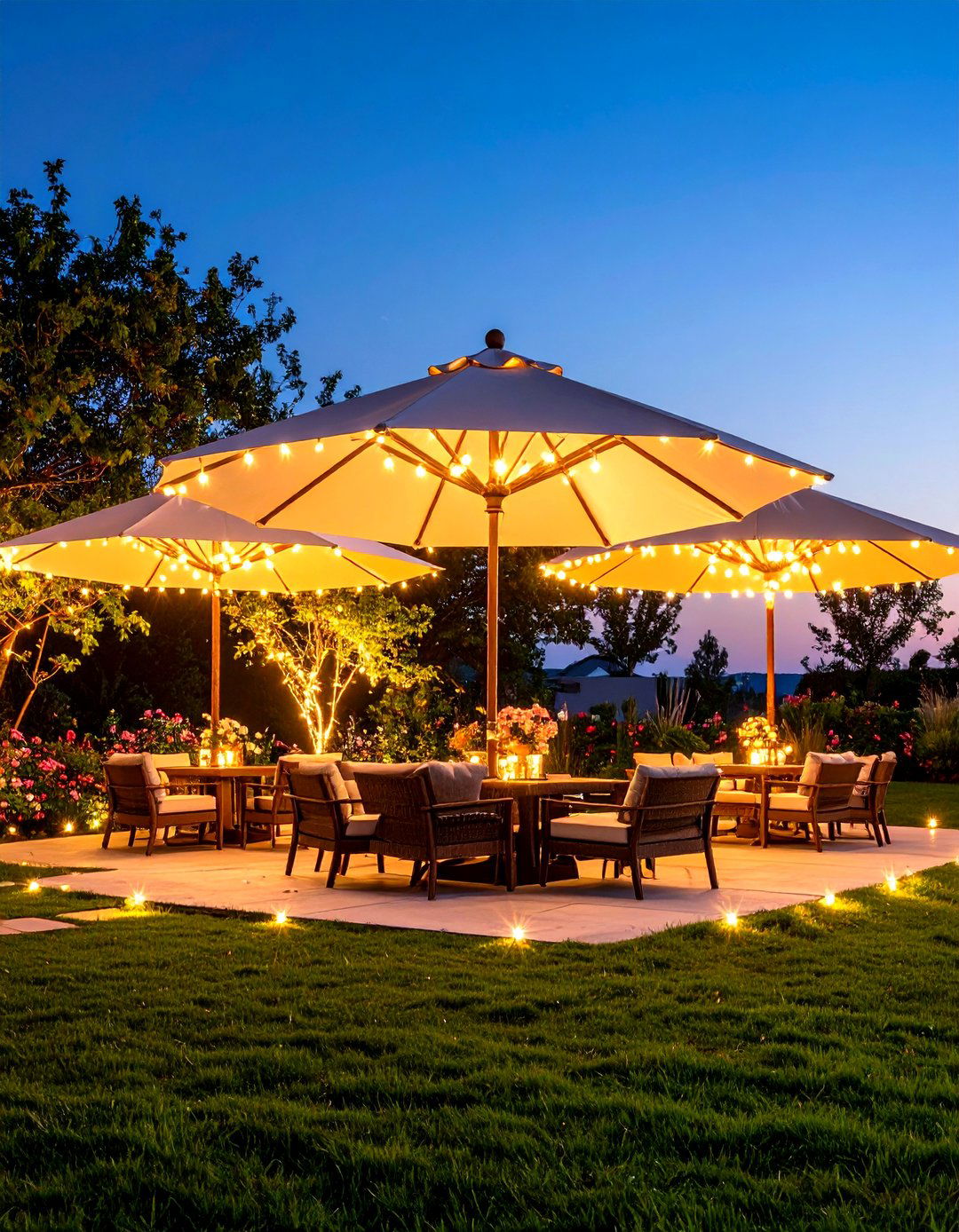 Umbrella Patio String Light Intimate Seating Circle - 20 Patio String Light Ideas
