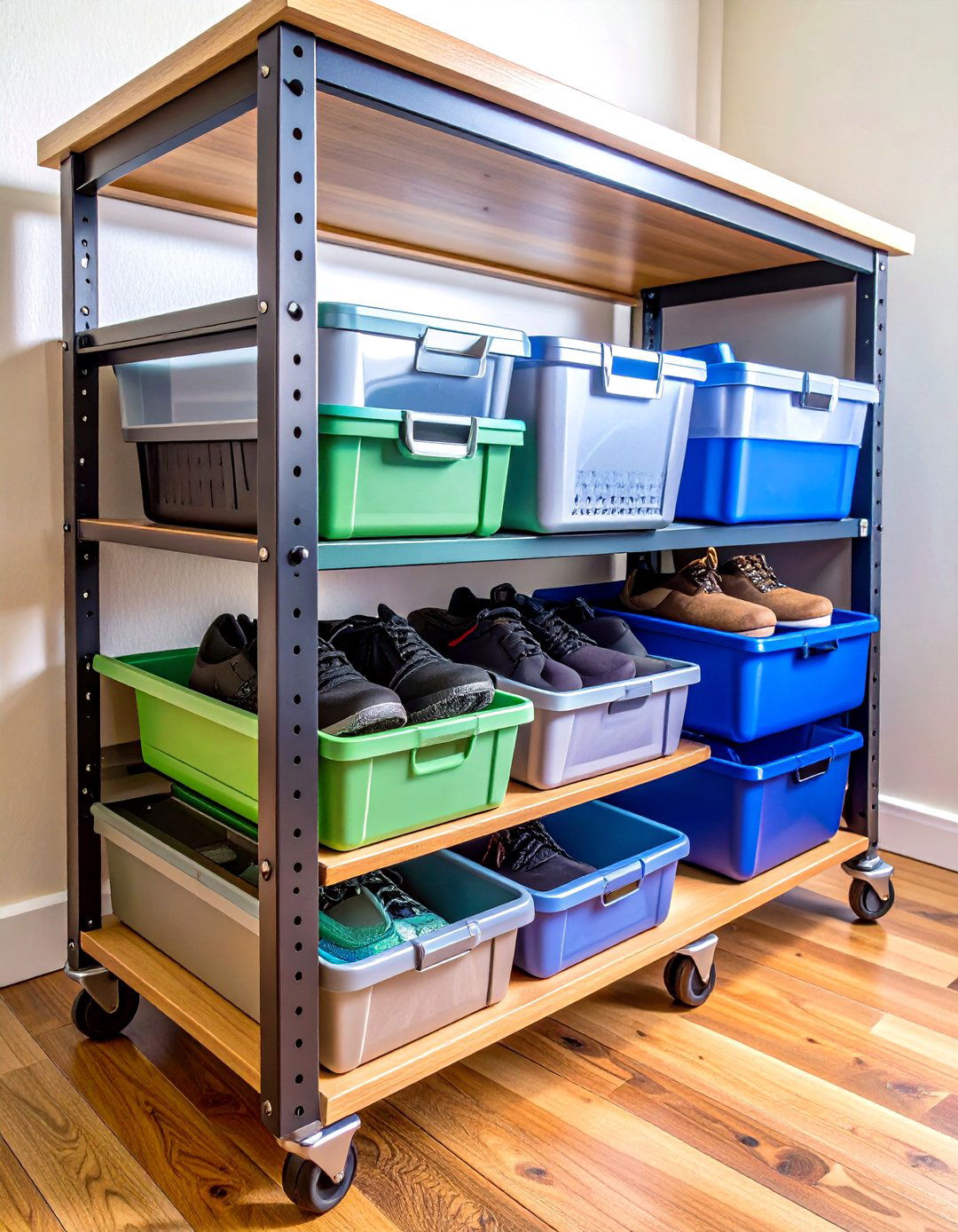 Under Bench Drawer Bins Roll Out on Low Tracks - 20 Garage Shoe Storage Ideas