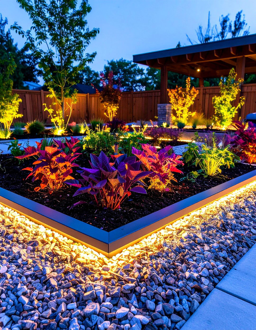 Under Cap Lighting Along Rock Edging and Mulch - 20 Front Yard Landscaping Ideas With Rocks and Mulch