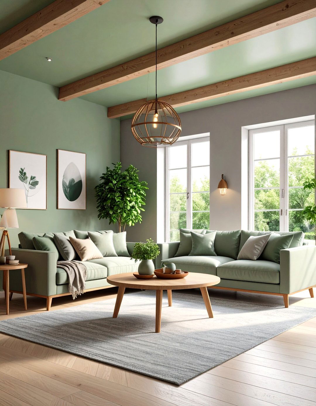 Unexpected Twist Sage Ceiling Over Grey Walls - 20 Grey and Sage Green Living Room Ideas