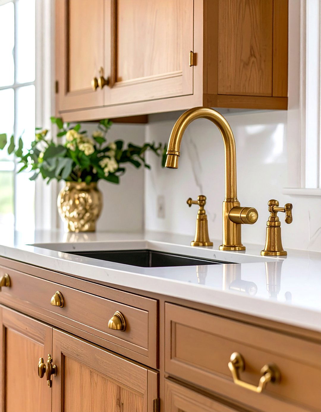 Unlacquered Brass Hardware Gives Patina to the French Country Kitchen - 20 French Country Kitchen Ideas