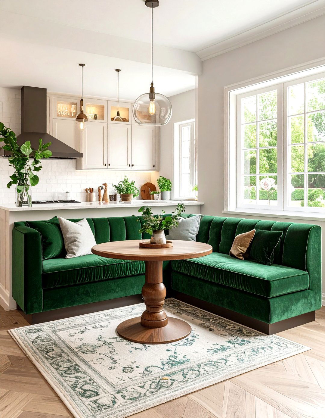 Upholstered Emerald Banquette - 20 Emerald Green Kitchen Ideas