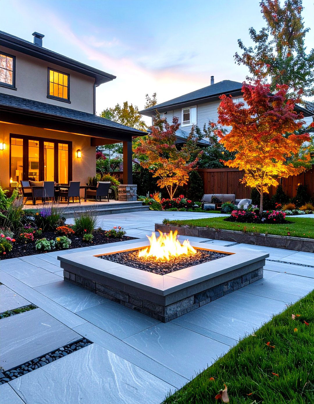 Urban Courtyard Slate Stamped Concrete Patio with Glass Media Gas Fire Pit - 20 stamped concrete patio with fire pit ideas
