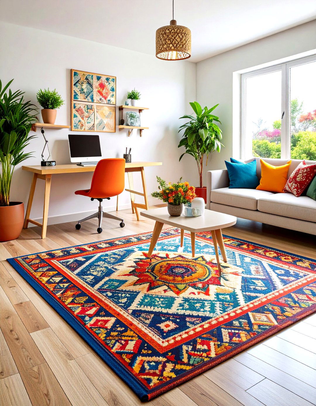 Use Area Rugs to Define the Workspace - 20 Sunroom Office Ideas