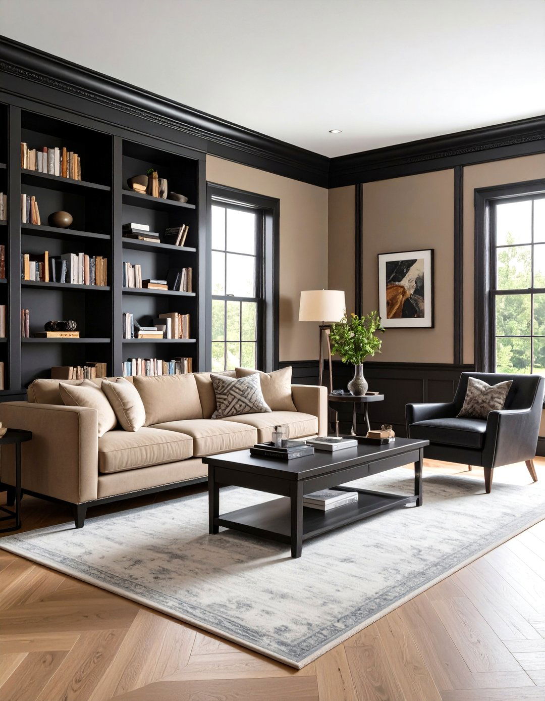 Use Black Trim to Shrink a Large Space - 20 Black and Brown Living Room Ideas