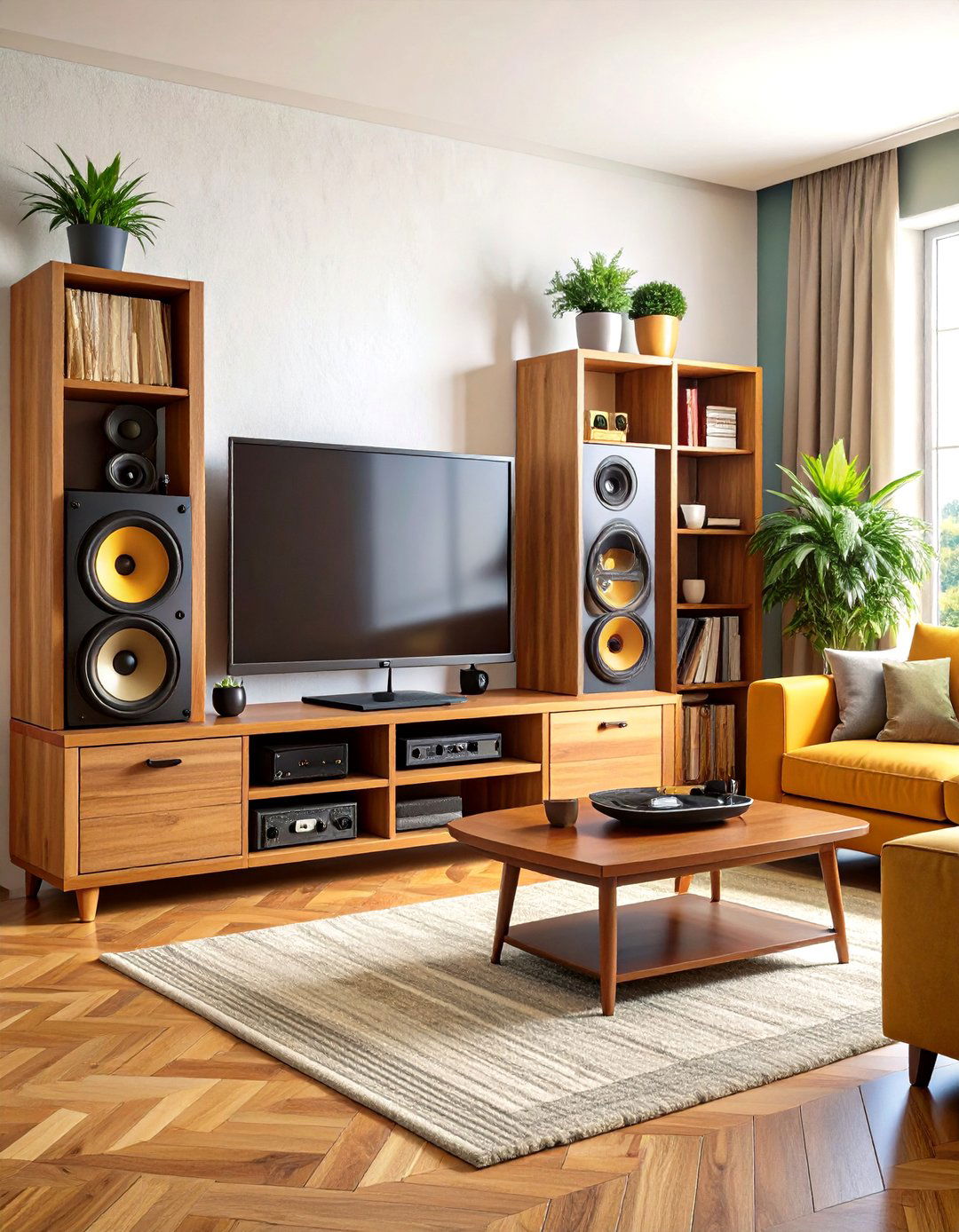 Use Bookshelf Speakers and Audio Equipment as Decor - 20 Tv Console Decor Ideas