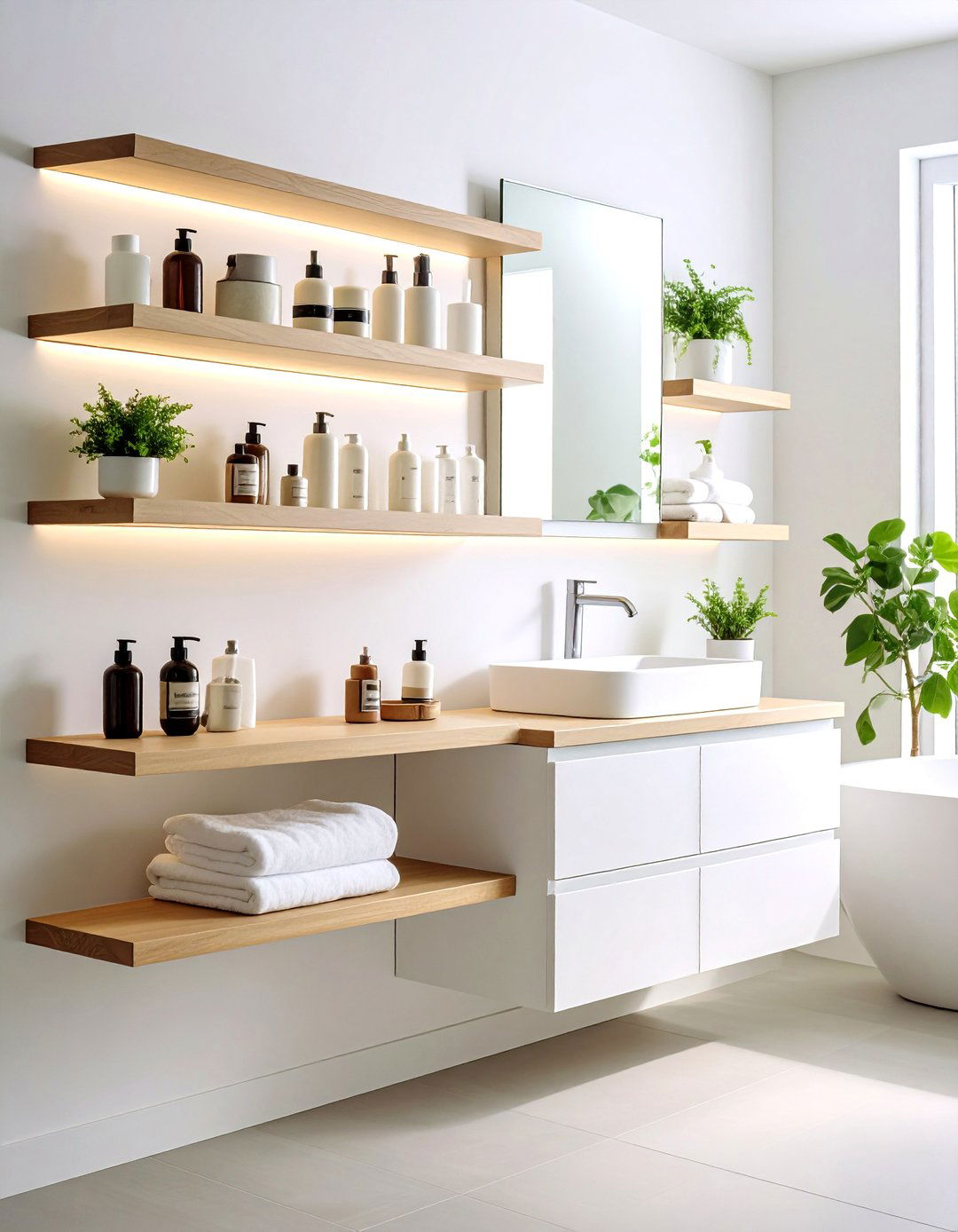 Use Floating Shelves for Storage - 20 Small White Bathroom Ideas