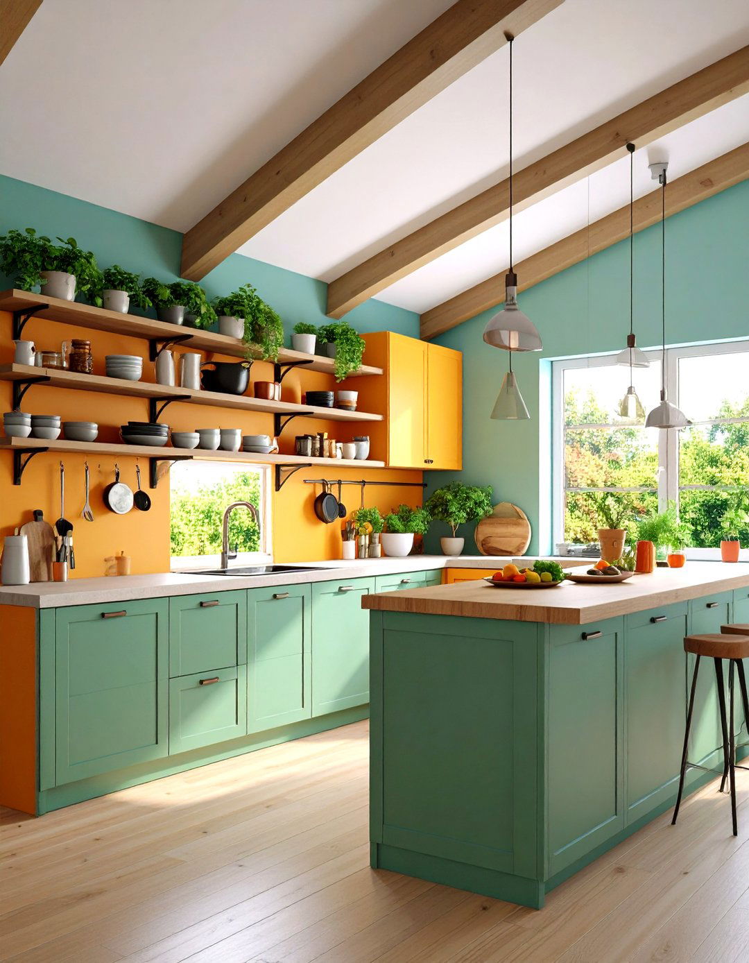 Use Open Shelving to Bridge Height Gaps - 20 Sloped Ceiling Kitchen Ideas