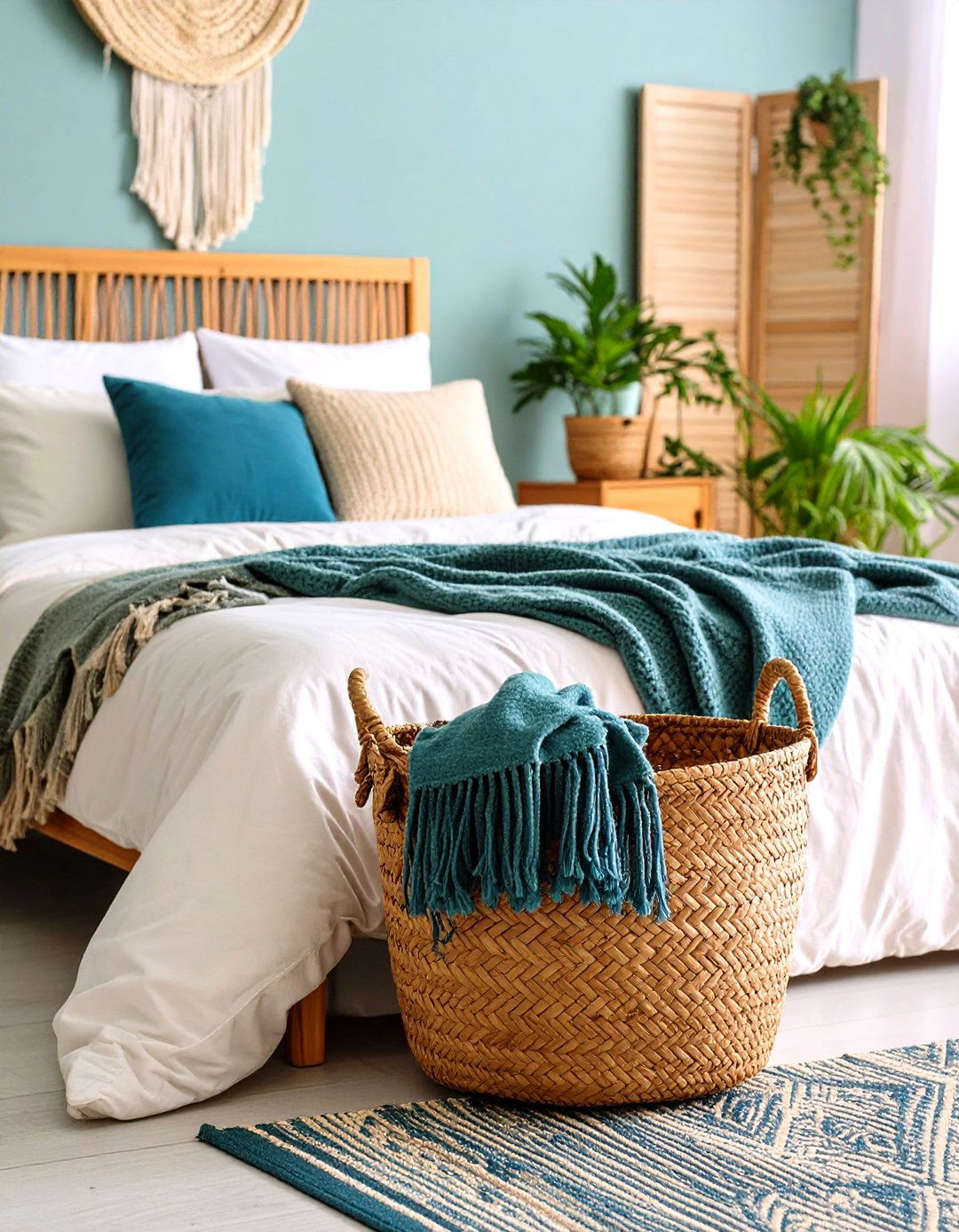 Use Open Weave Storage Baskets - 20 Small Boho Bedroom Ideas