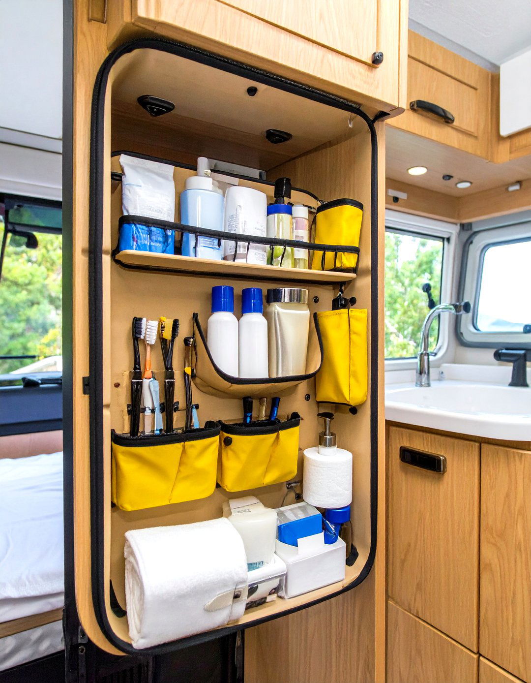 Use Over the Door Pocket Organizers - 20 Small Rv Bathroom Ideas