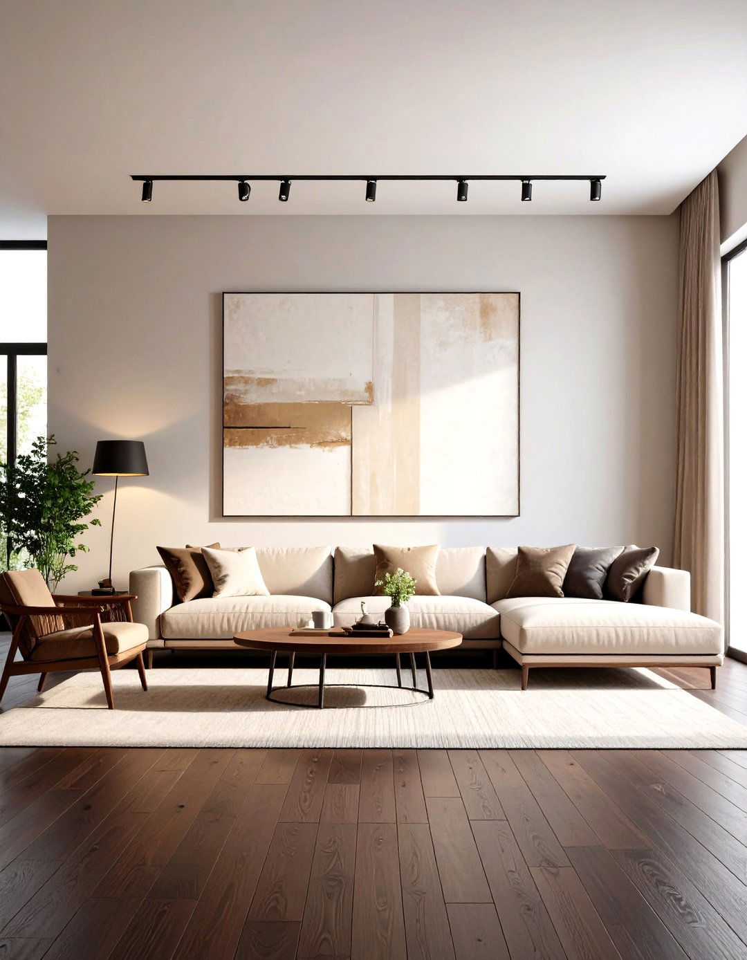 Use Oversize Artwork to Draw the Eye Upward - 20 Dark Brown Floor Living Room Ideas