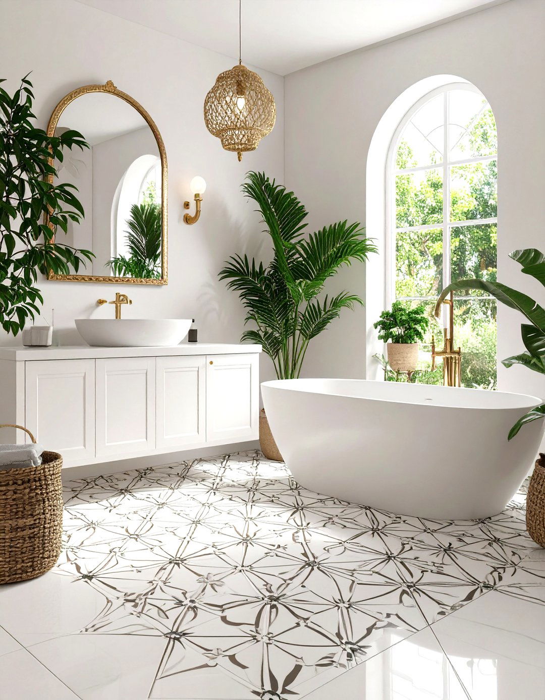 Use Patterned Floor Tiles - 20 Small White Bathroom Ideas