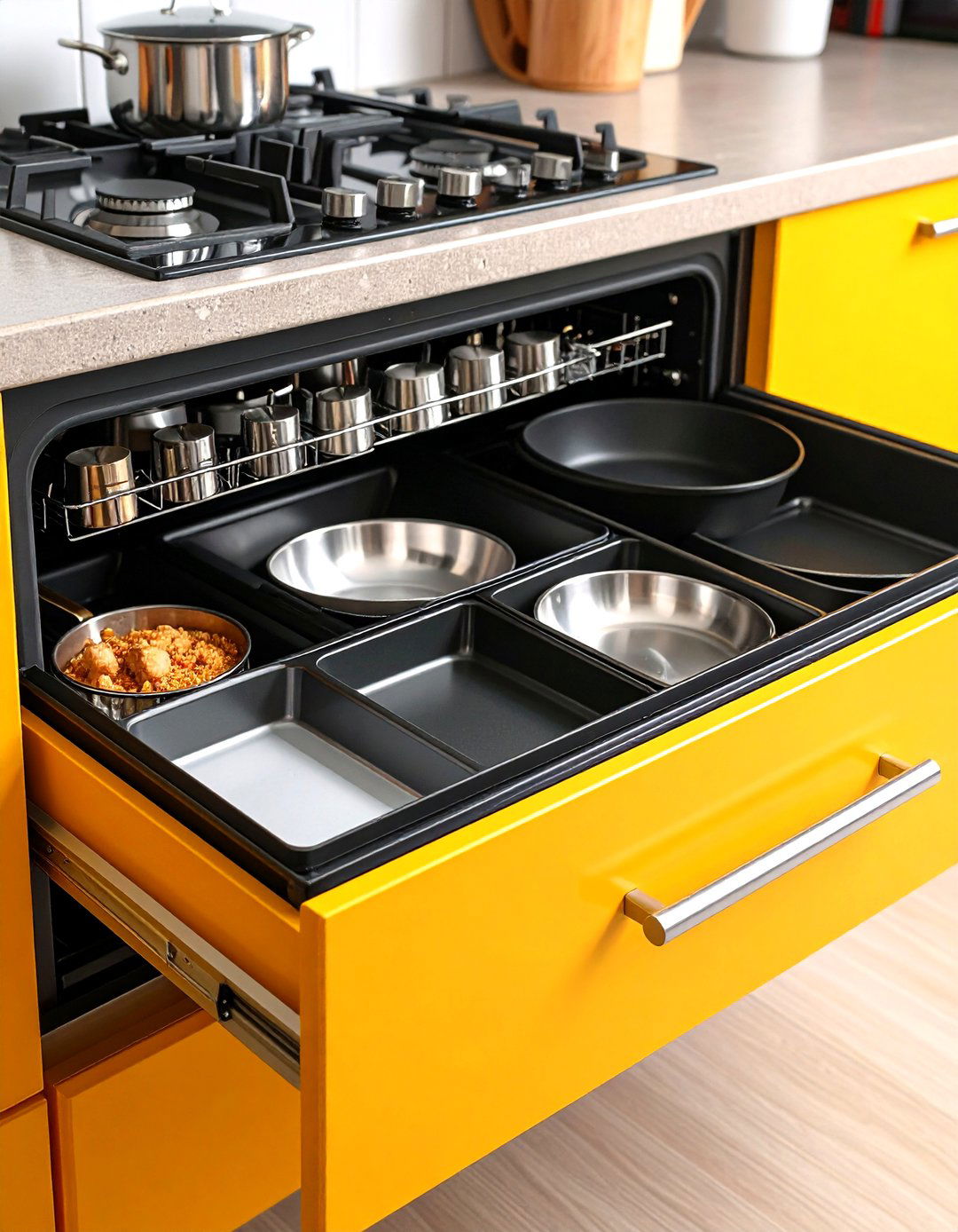 Utilize the Oven Drawer for Pots and Pans - 20 Small Kitchen Storage Ideas