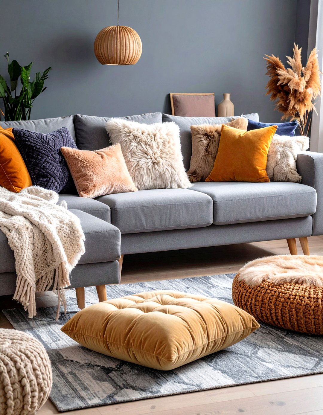 Vary Textures and Fabrics on and Around Your Grey Couch - 20 Grey Couch Living Room Ideas
