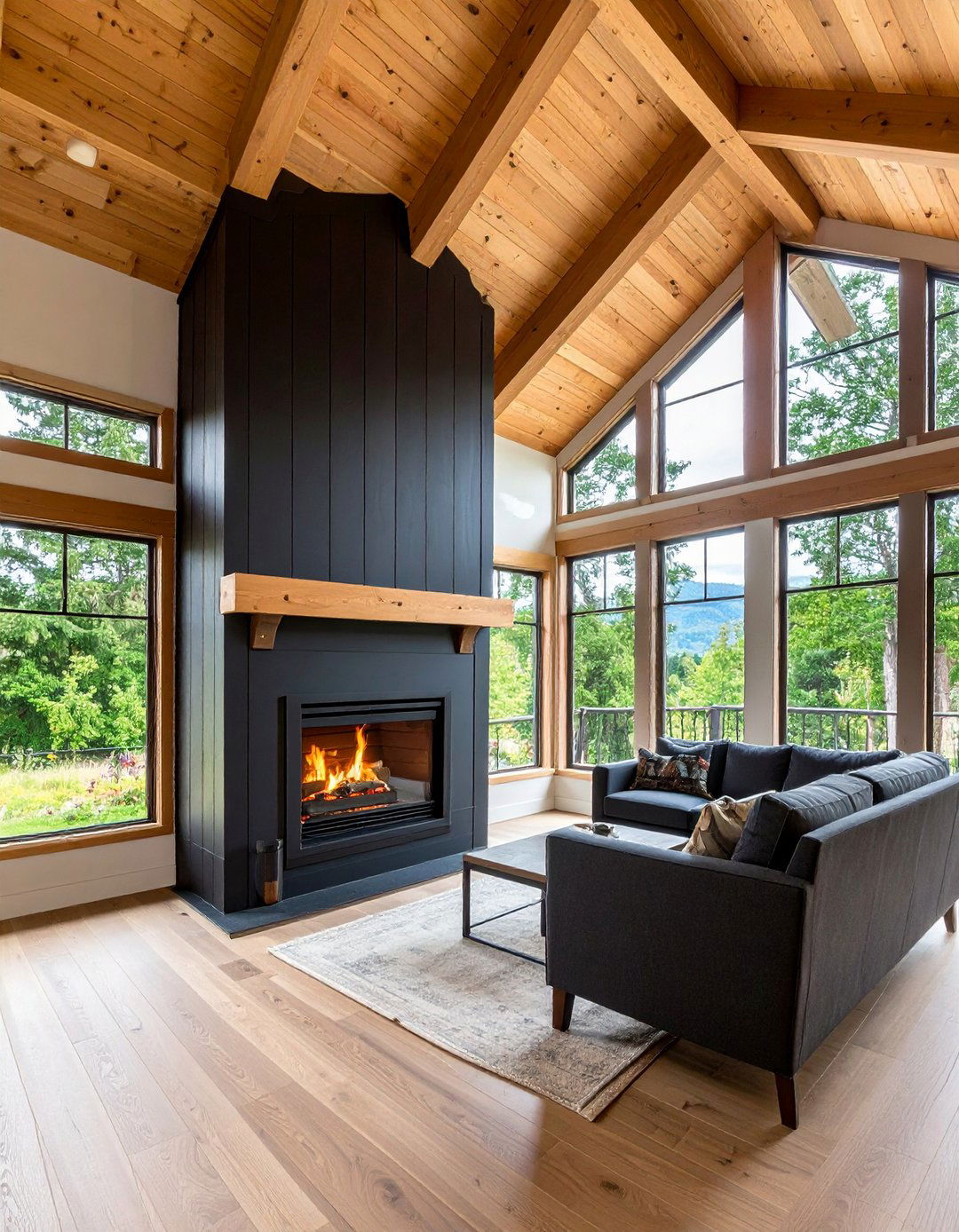 Vaulted Drama Double Height Black Shiplap Fireplace - 20 Black Shiplap Fireplace Ideas