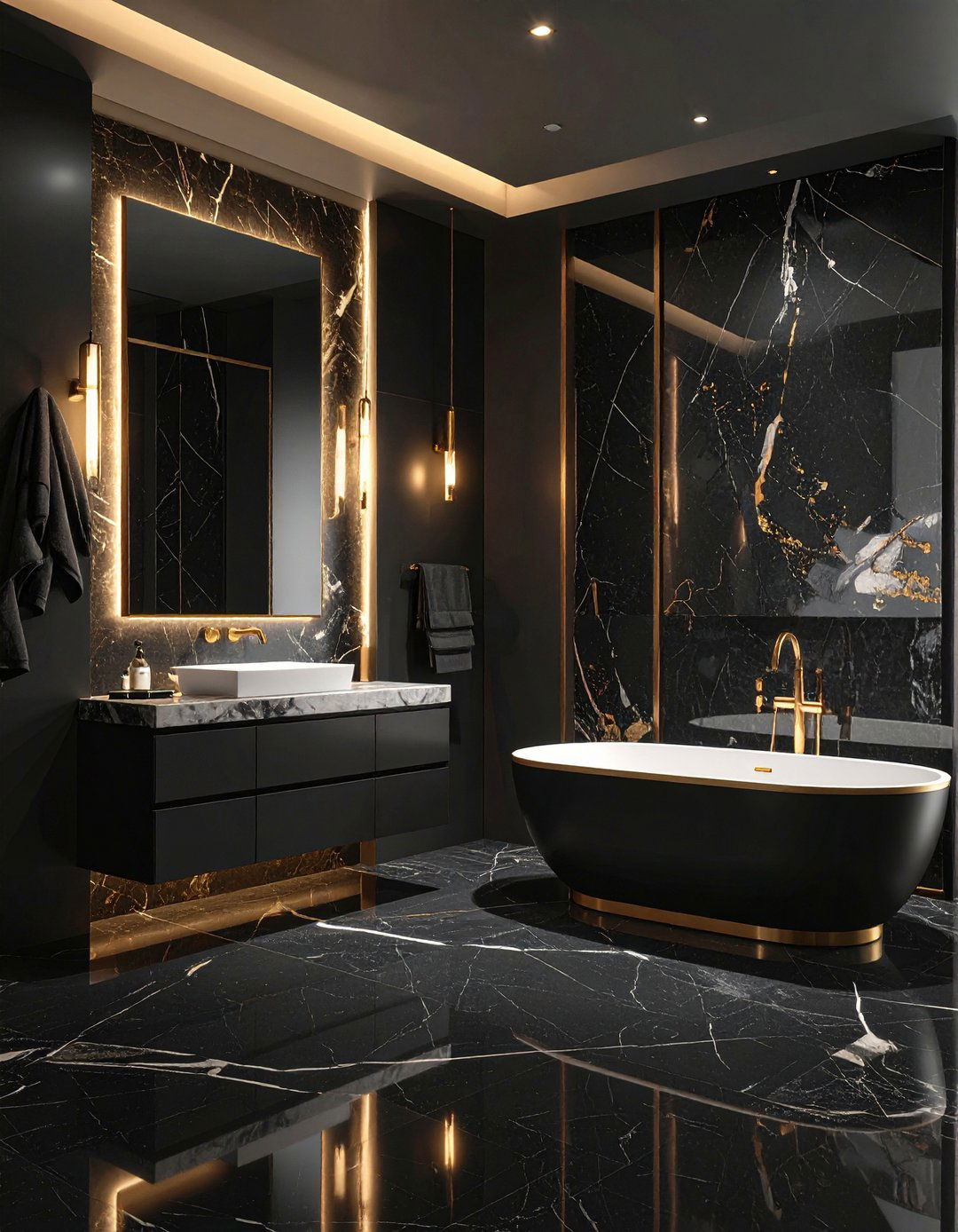Vein Match Meets Warm Brass - 20 Black Marble Bathrooms